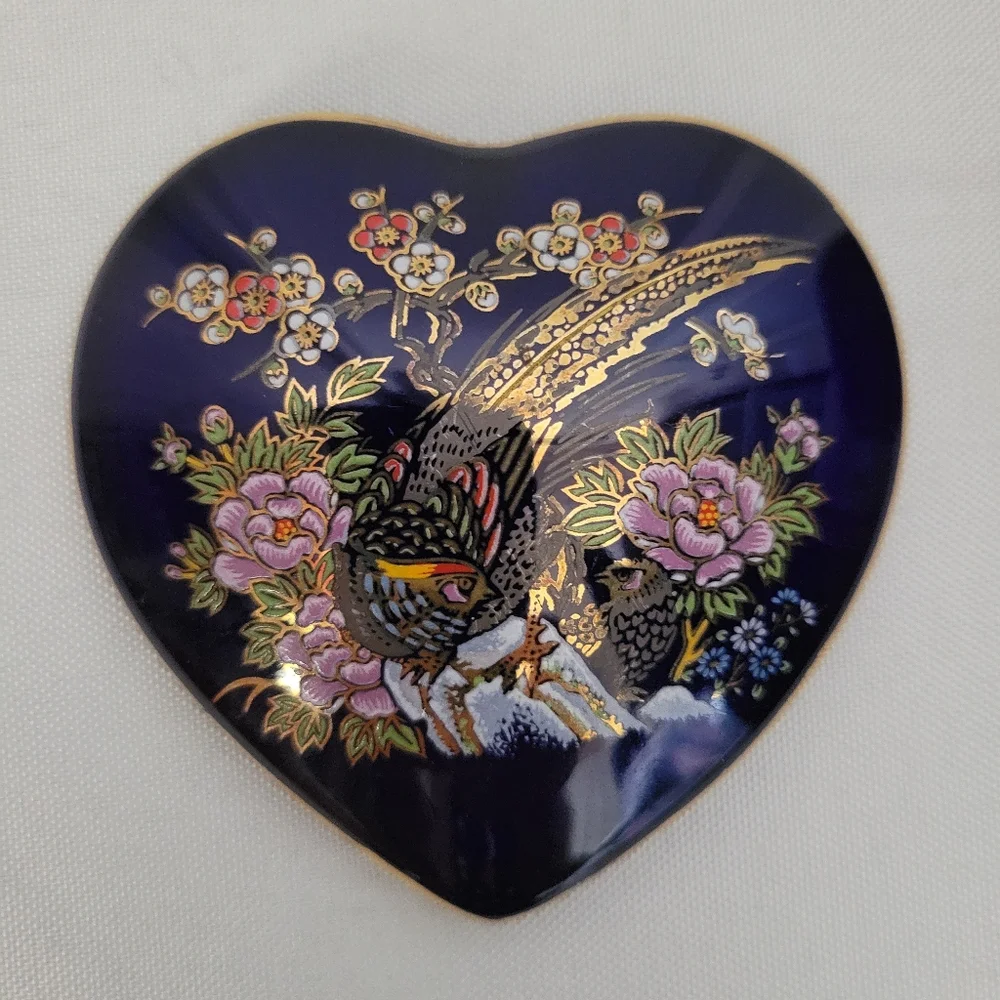 Vintage Dark Blue Porcelain Heart Shaped Trinket Box Japan